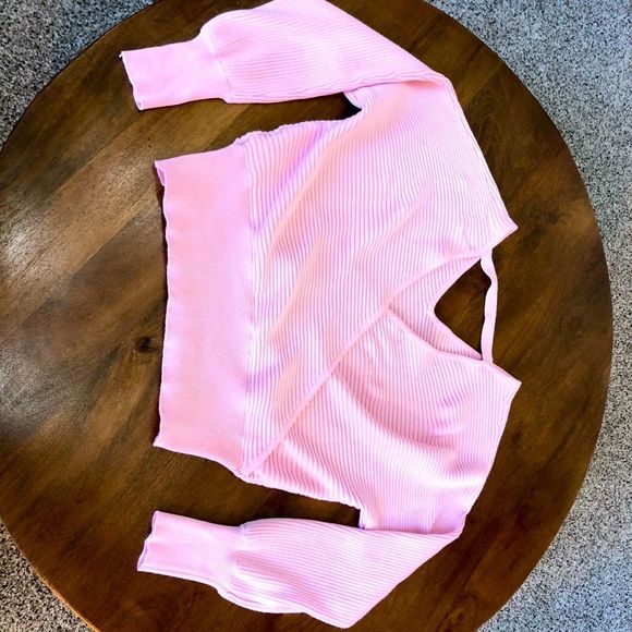 Women’s Cropped V Neck Low Back Baby Pastel Pink Sweater S - Picture 2 of 5